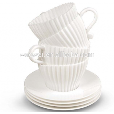 BAKE & SERVE SET 4 TEACUP SILICONE CUPCAKE MUFFIN CUP MOLD 4 PLASTIC SAUCER