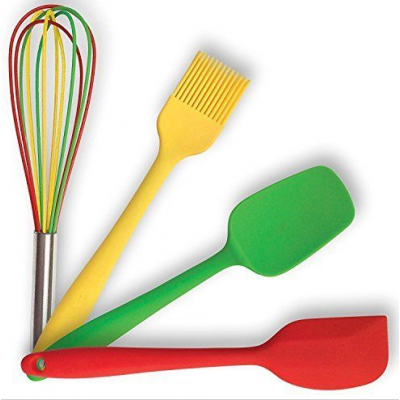 Cooking Utensils Gift Set 4 Silicone Kitchen Tools Spatula Spoon Brush and Whisk